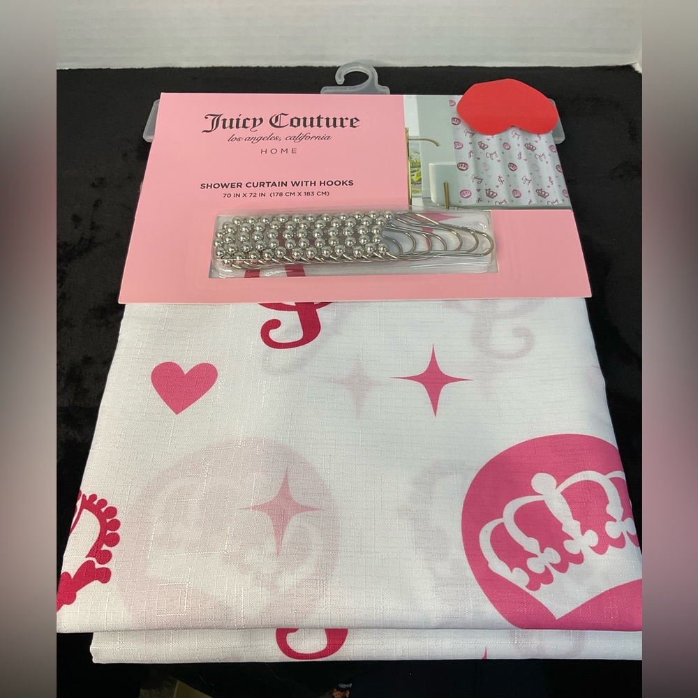Juicy Couture Pink and White Shower Curtain with Crown Design